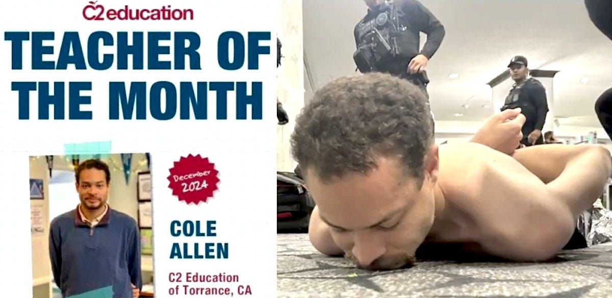 What has Cole Allen been teaching his students? What values does "Teacher  of the Month" reward? What does C2 Education teach its students? We used to  fear the sinister and scary-looking. Now