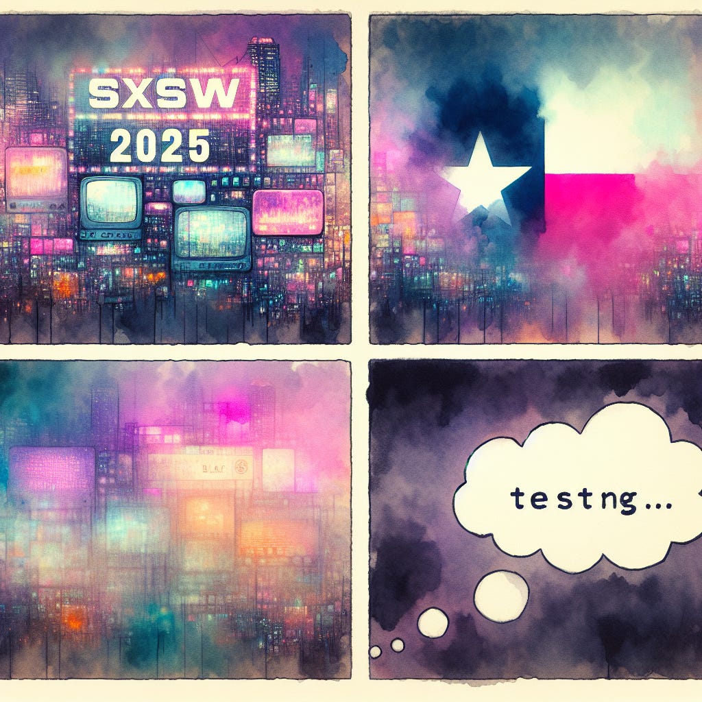 A hazy, dreamlike watercolor quadriptych. Top left: “SXSW 2025” shimmers in blurred, overlapping pastel hues, like neon signs reflected in rain. Top right: A sleepy laptop exhales soft Texas flag colors, melting into the background. Bottom left: A dark square bleeds into the surrounding wash, the words “BLAIR’s Vision” glow gently in white. Bottom right: A delicate comic bubble whispers “TESTING…” in faded pink and yellow. The overall mood is introspective and whimsical, capturing a moment of technological uncertainty with a touch of humor.