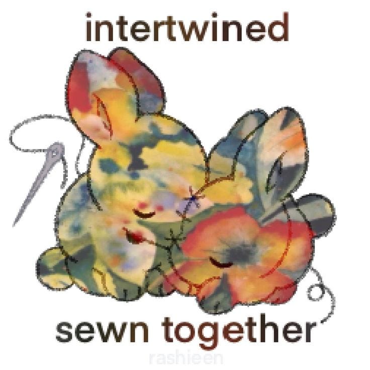 This may contain: two stuffed animals are hugging each other with the words, intertwined sewn together