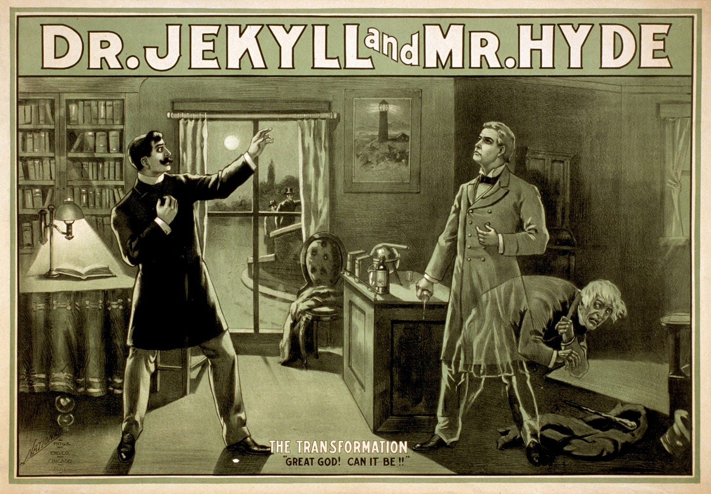 A dramatic scene from "Dr. Jekyll and Mr. Hyde" shows Dr. Jekyll transforming, with Mr. Hyde cowering on the floor and a shocked onlooker nearby in a Victorian study.