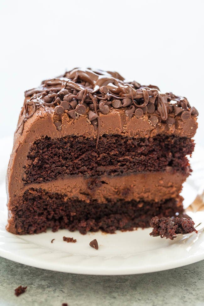A slice of triple chocolate cake on a plate. A slice of triple chocolate cake on a plate.