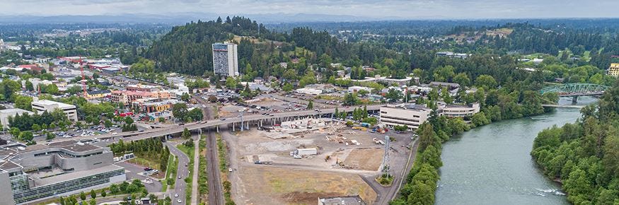 Drone photo of Eugene's downtown riverfont.