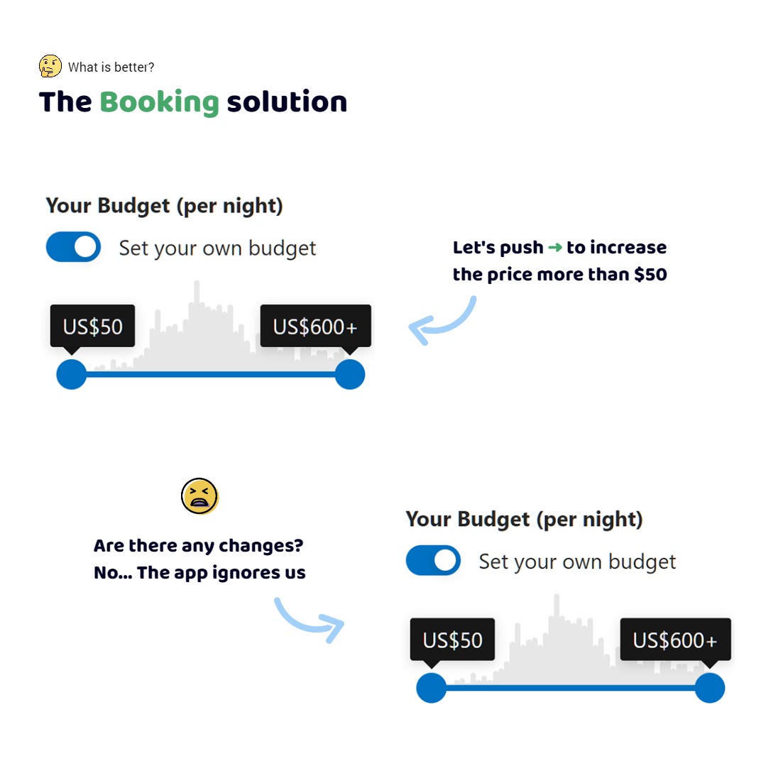The Booking website. I want to filter hotels by price by changing the minimum price from $50 to $ 60. I'm on the slider. I press the right arrow key on the keyboard. One more time. Nothing has changed. Well, I need to click with the mouse