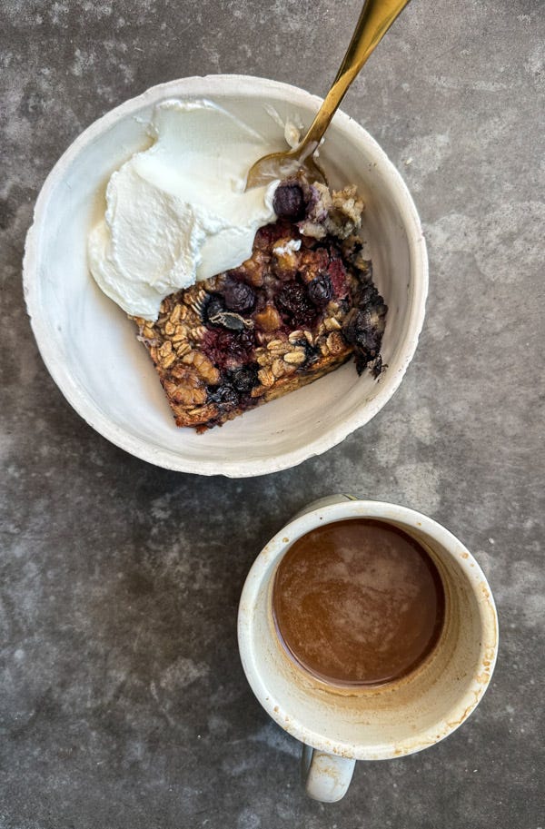 Baked berry oatmeal with yogurt & coffee. Tracy Benjamin of Shutterbean.com