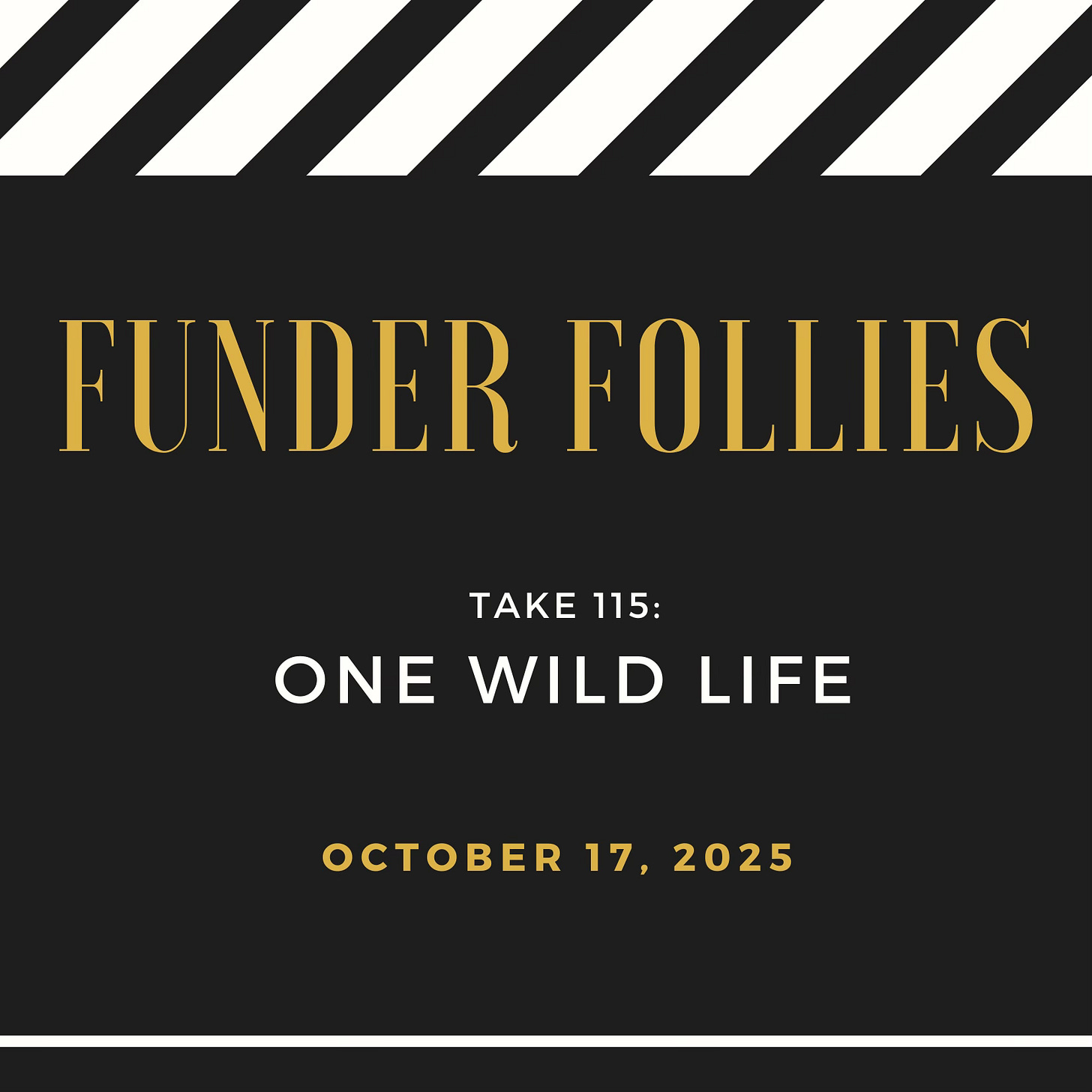 Funder Follies posts on the fundraising perils of small nonprofits starts with an image from the movies: a black and white film clapper board showing Take # 115, One Wild Life, published October 17, 2025