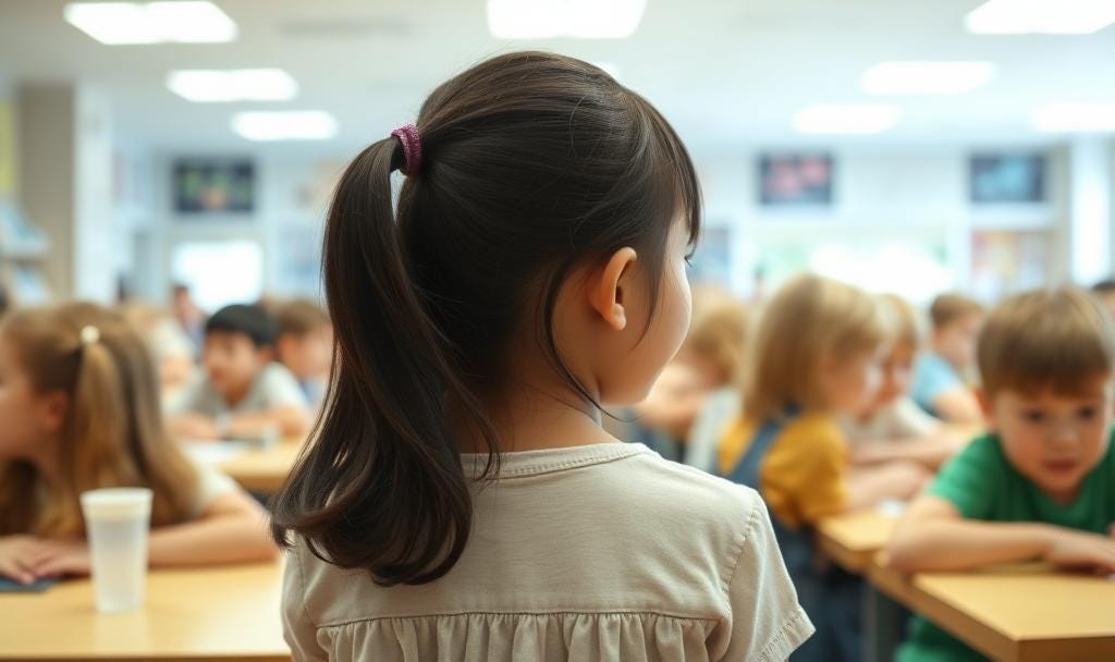 Young Korean girl in a mostly white school, reflecting early masking, cultural disconnection, and identity loss. Connects to trauma-informed neurodiversity coaching and the SAFE Unmasking™ process for late-identified autistic adults.