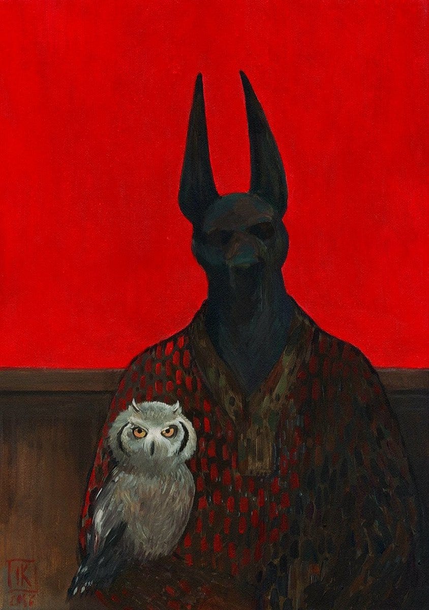 The God Anubis with an owl, on a red wallpaper