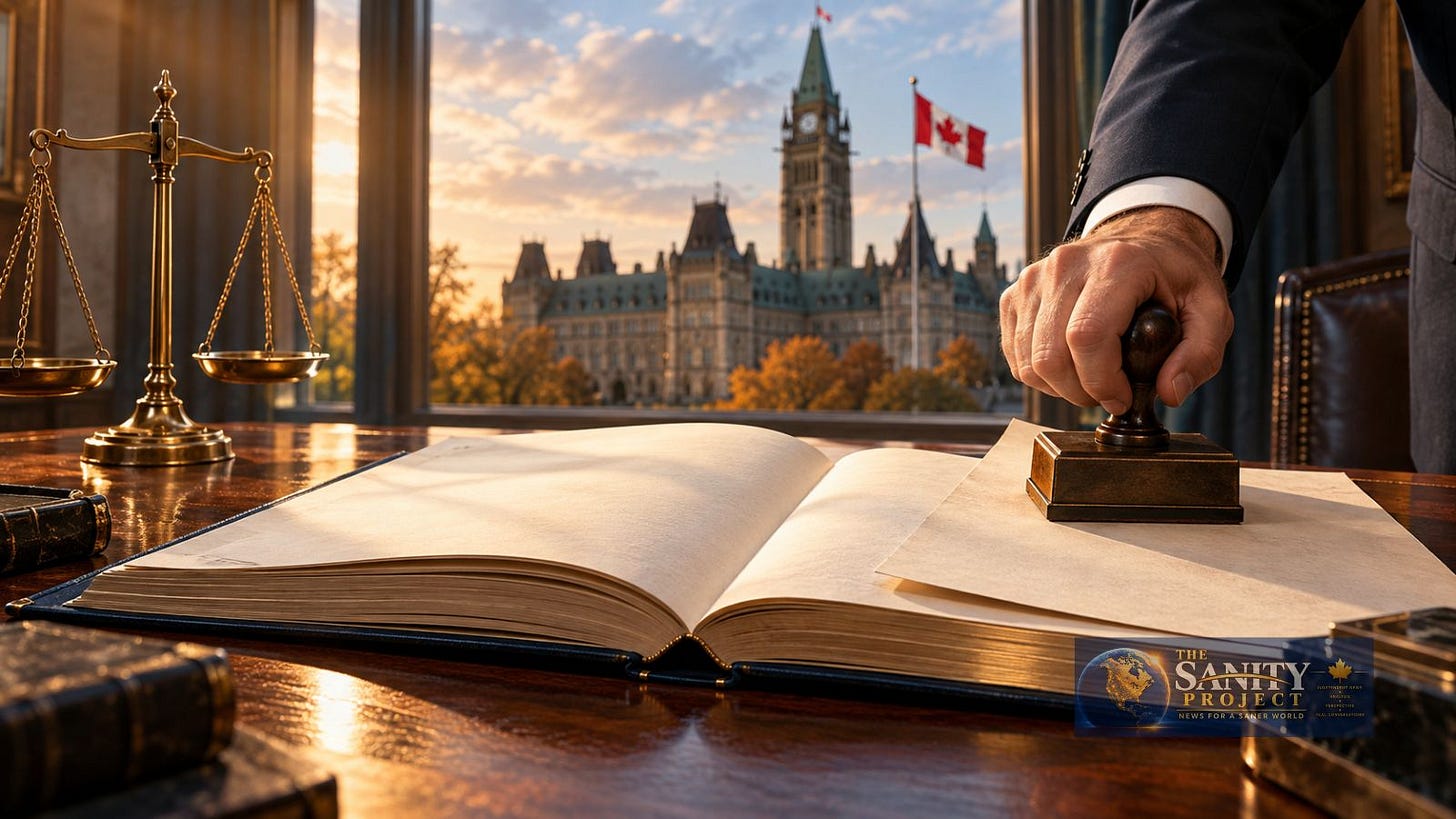 Conceptual illustration of Canada’s notwithstanding clause, showing a government official stamping paper over an open legal book beside scales of justice, with Parliament and a Canadian flag behind them. Conceptual illustration of Canada’s notwithstanding clause, showing a government official stamping paper over an open legal book beside scales of justice, with Parliament and a Canadian flag behind them.