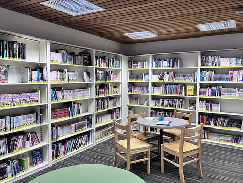 Photos of libraries, author holding a book, mini-book library
