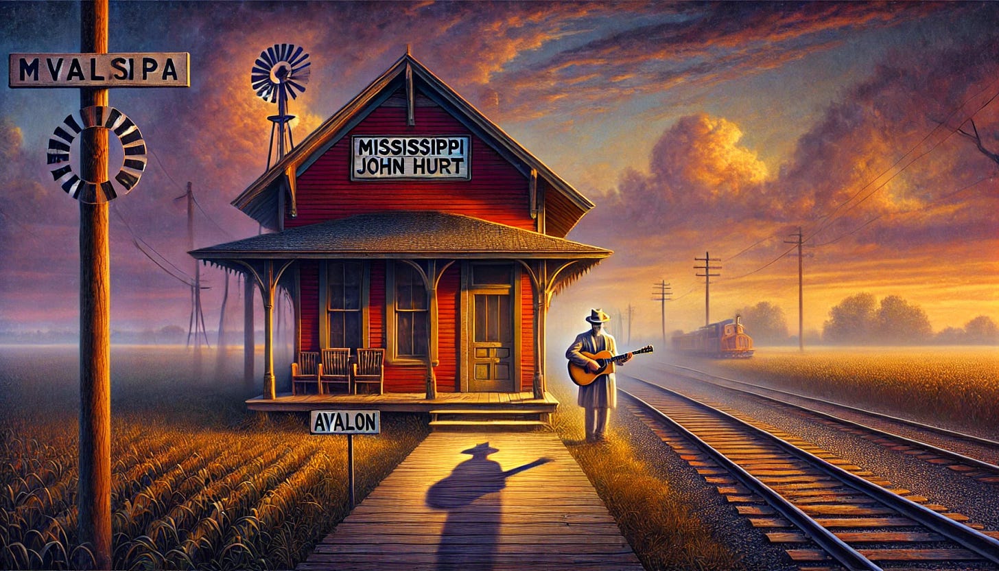 A surreal, de Chirico-inspired vision of Avalon, Mississippi, as influenced by the music of Mississippi John Hurt. Picture a quiet rural town with timeless qualities, bathed in soft, warm light, where the landscape merges dreamlike elements: a red train station reminiscent of Hurt's 'Spike Driver Blues,' a rustic wooden house with a guitar on the porch, and fields stretching into eternity. The sky is painted with hues of orange and purple, and shadows are long and dramatic. A ghostly figure of a bluesman in the distance now looks more like Mississippi John Hurt himself—wearing a hat, with his serene and kind demeanor, holding a guitar. The sign on the house now reads 'Avalon,' removing any other text. The scene evokes a sense of gentle rhythm and history, with intricate textures that echo Hurt’s fingerstyle guitar playing. Highly detailed and atmospheric.