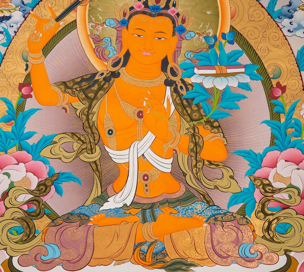 Thangka tibétain de Mañjuśrī, bodhisattva de la sagesse Thangka tibétain de Mañjuśrī, bodhisattva de la sagesse
