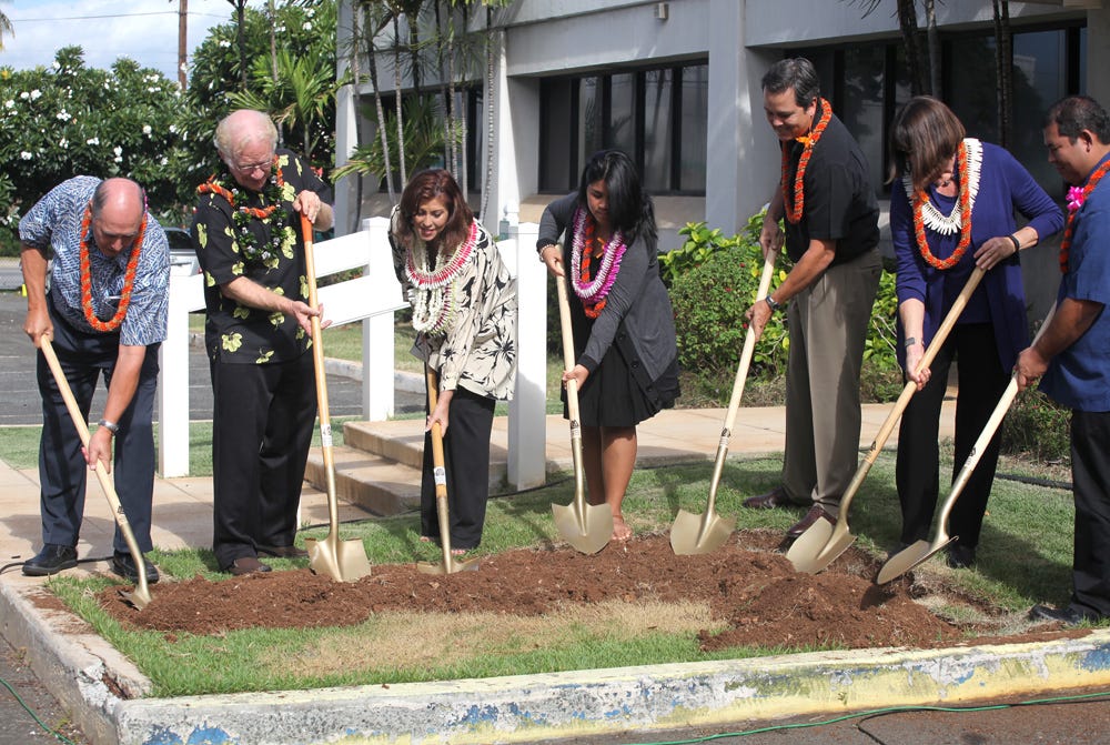 PBS Hawaii staff, board members and production students attended a small groundbreaking ceremony for the station’s new headquarters on Nov. 10. From left: Neil Hannahs, former PBS Hawaii Board Chair; Robbie Alm, current PBS Hawaii Board Chair; Leslie Wilcox, PBS Hawaii President and CEO; Victoria Cuba, HIKI NO and Waipahu High School graduate; Cameron Nekota, PBS Hawaii Board Facilities Chair; Sheryl Seaman, Group 70 International Vice Chair; Justin Izumi, Allied Builders System Vice President. PBS Hawaii staff, board members and production students attended a small groundbreaking ceremony for the station’s new headquarters on Nov. 10. From left: Neil Hannahs, former PBS Hawaii Board Chair; Robbie Alm, current PBS Hawaii Board Chair; Leslie Wilcox, PBS Hawaii President and CEO; Victoria Cuba, HIKI NO and Waipahu High School graduate; Cameron Nekota, PBS Hawaii Board Facilities Chair; Sheryl Seaman, Group 70 International Vice Chair; Justin Izumi, Allied Builders System Vice President.