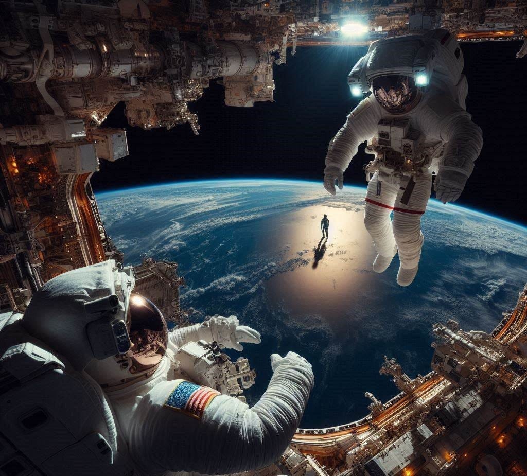 Astronauts in International Space Station looking down at one human being in the ocean