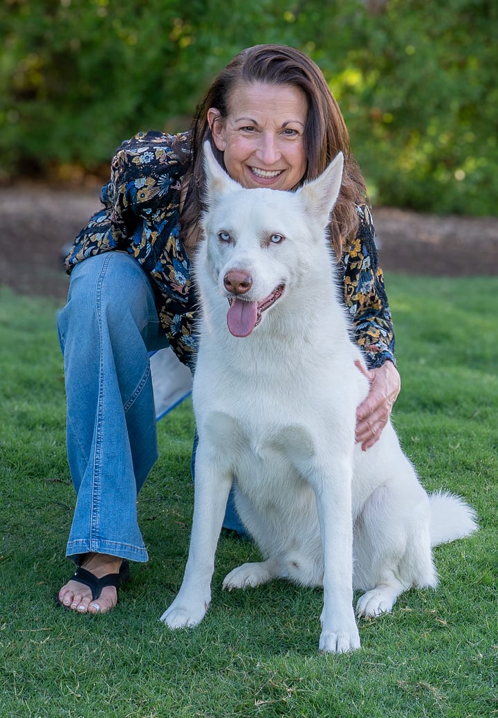Images of a woman and her two dogs