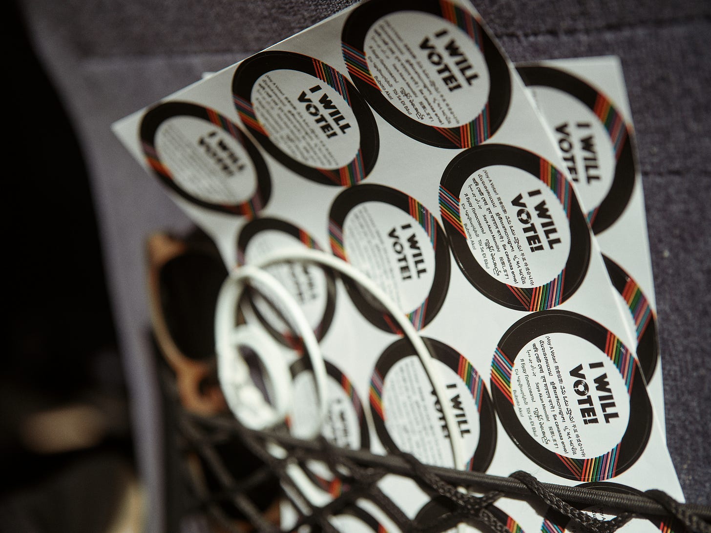 Stack of I Will Vote stickers photographed by LA photographer Afonso Salcedo