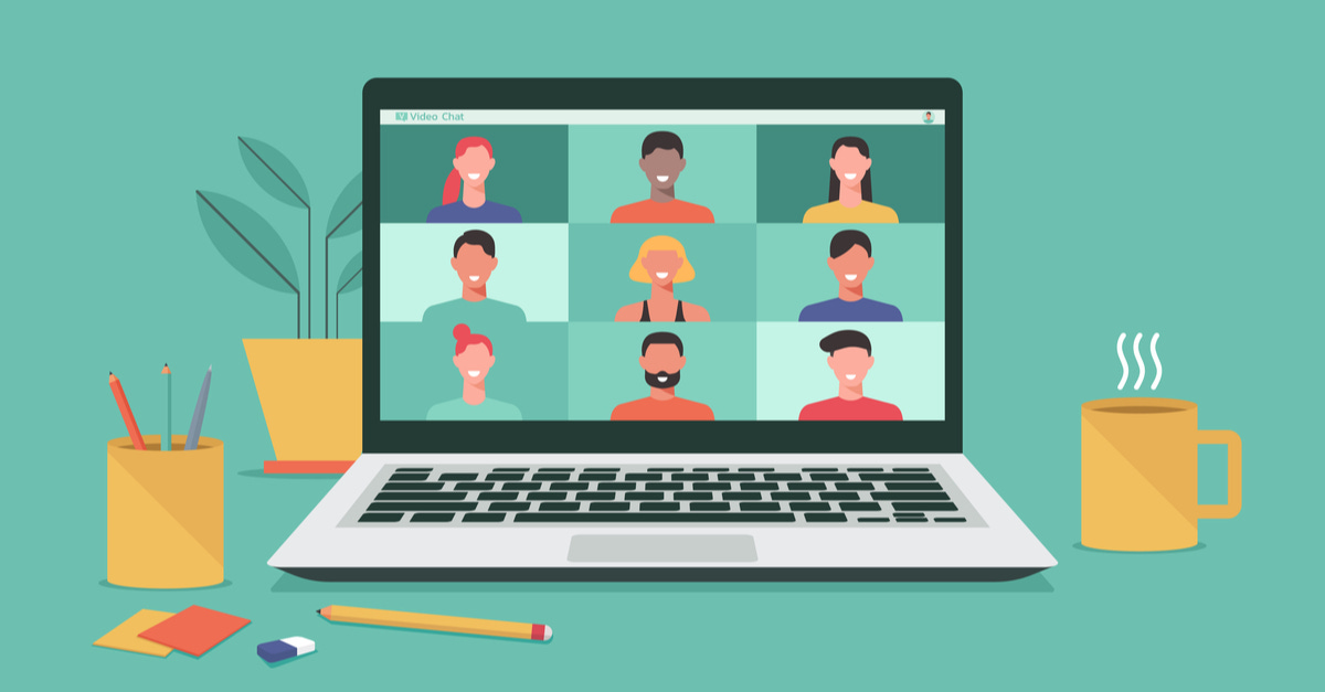 people connecting together, learning or meeting online with teleconference, video conference remote working on laptop computer, work from home and work from anywhere concept, flat vector illustration