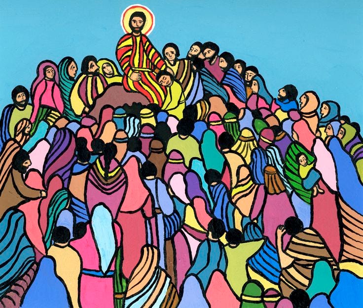 This may contain: an image of a group of people that are in the middle of a painting with jesus on it