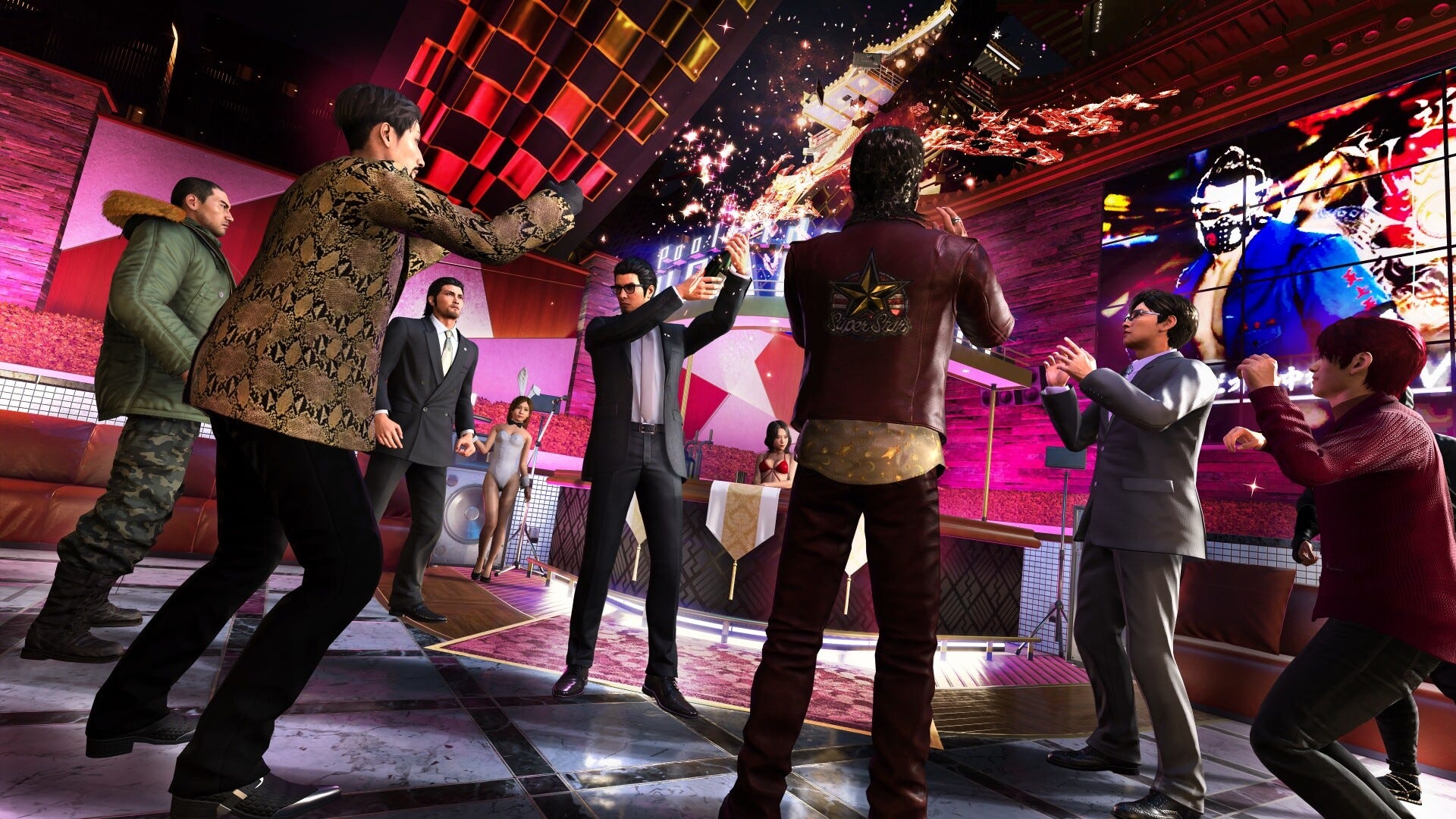 Video game screenshot of men in a party room. One, wearing a suit, is popping a bottle of champagne Video game screenshot of men in a party room. One, wearing a suit, is popping a bottle of champagne
