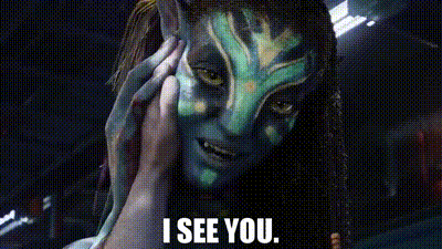 Gif con primo piano di un personaggio Na'vi (pelle blu e striature luminose) del film Avatar, con una mano che le tocca la guancia. Il testo in sovrimpressione dice: 'I SEE YOU.