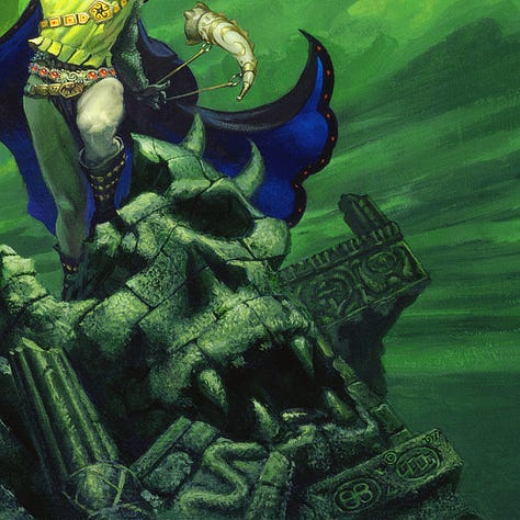 LEFT: Figure detail of Elric thrusting Stormbringer to the heavens. His face is anguished, mouth open as if in a cry. His brow is set as if in question. Shadows accentuate his pink eyes and high cheek bones. His long white hair is swept wild by the wind.  CENTER: Foreground detail from STORMBRINGER featuring the skull ruins where Elric is standing. The top of the skull is missing and one orbital broken. Prominent fangs protrude from upper and lower jaw. A pair of horns jut out from the side of the skull that is still intact.  RIGHT: Background detail from STORMBRINGER featuring the pterodactyl-like beast perched with talons gripping a stone lintel on the ruins. A pair of close-set, curved horns point inward just over its eyes as its long head arches back. Its wings are spread and the spade of its tail curls back to point at its open beak.