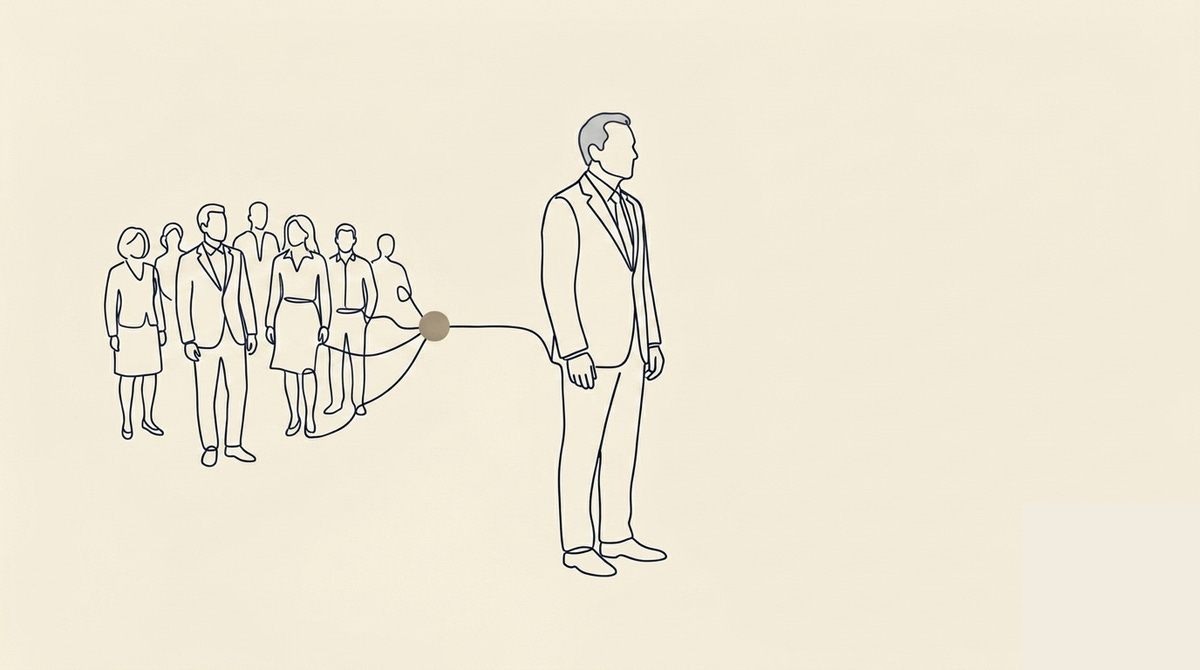 The Human Cost of Workforce Decisions - A single figure stands slightly ahead of a loose group of smaller figures behind them. The lead figure's posture is upright but carries visible weight — shoulders slightly forward, head neither raised nor dropped, the stance of someone absorbing something difficult on behalf of others. The group behind them is rendered at smaller scale, present but not pressing forward. There is space between the lead figure and the group.