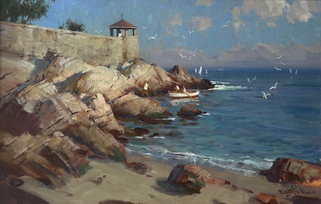A painting of a beach with rocks and a building

AI-generated content may be incorrect.