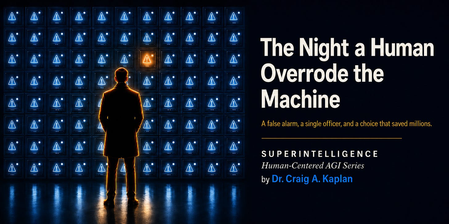 Alt text: Substack cover image with a dark, cinematic tech-brand design. On the left, a lone human figure stands calmly in silhouette before a large wall of glowing blue warning panels, each marked with an alert triangle. One warning panel above and just to the side of the figure glows bright amber, suggesting a false alarm or manual override. The figure is rim-lit in warm amber, standing out against the cold blue automated alert grid. On the right, large cream text reads: “The Night a Human Overrode the Machine.” Below it, amber text reads: “A false alarm, a single officer, and a choice that saved millions.” A thin amber divider line separates the subtitle from the branding block: “SUPERINTELLIGENCE,” “Human-Centered AGI Series,” and “by Dr. Craig A. Kaplan"