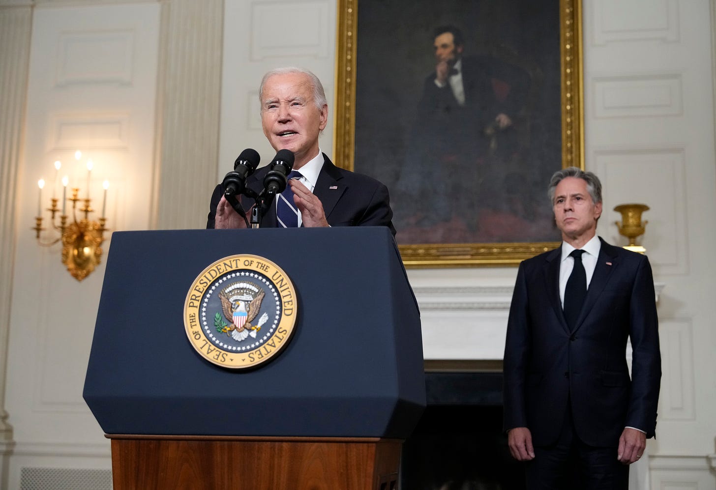 “An act of sheer evil.” President Biden, joined by Secretary of State Blinken, responded to Hamas’ attacks on Israel in a speech on Oct. 10. Image Credit: Drew Angerer/Getty Images “An act of sheer evil.” President Biden, joined by Secretary of State Blinken, responded to Hamas’ attacks on Israel in a speech on Oct. 10. Image Credit: Drew Angerer/Getty Images
