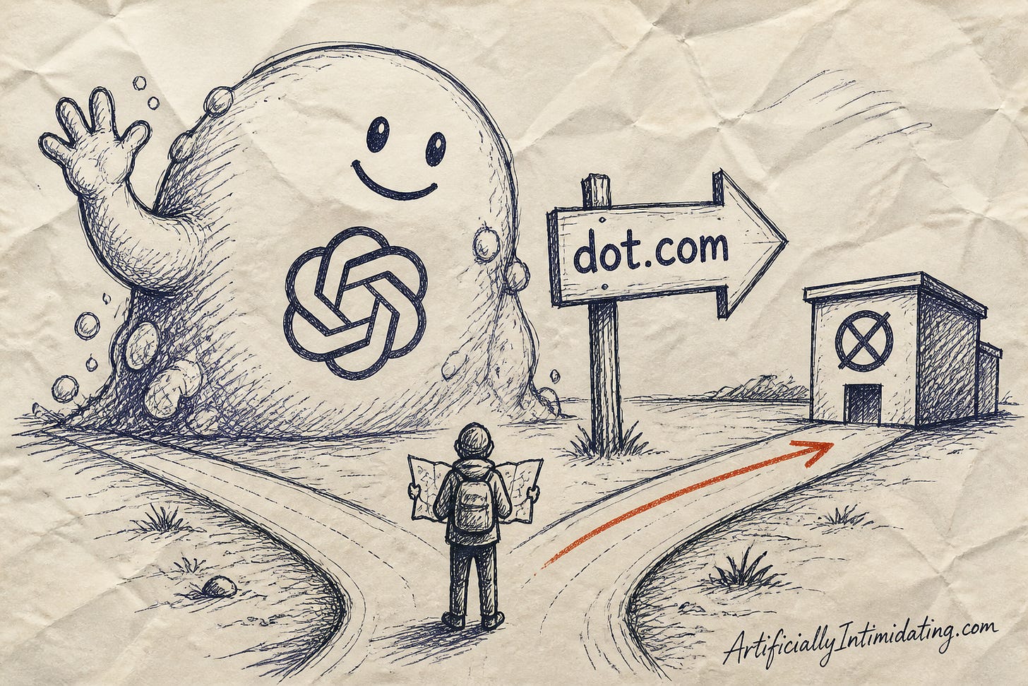 A giant bubbly smiling assistant blob with an OpenAI flower on its chest waves beside a road sign marked dot.com whose arrow points toward a small building with a circle-slash mark, while a tiny traveler with a map stands between them. A giant bubbly smiling assistant blob with an OpenAI flower on its chest waves beside a road sign marked dot.com whose arrow points toward a small building with a circle-slash mark, while a tiny traveler with a map stands between them.