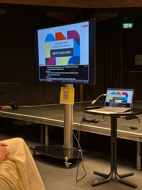 Photos of the stage and the screen of the cover launch, one screen shows a slide about an accessible playground with wheelchair accessible plays