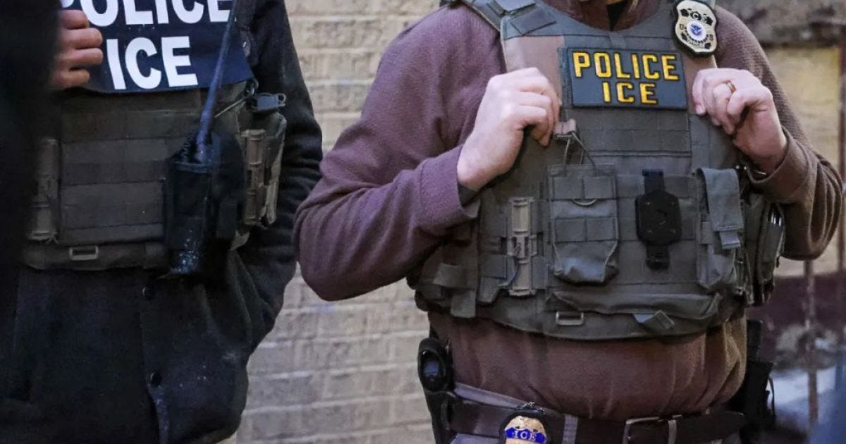 Two law enforcement officers wearing tactical vests labeled "Police ICE" prepare for an operation, showcasing their equipment and readiness.