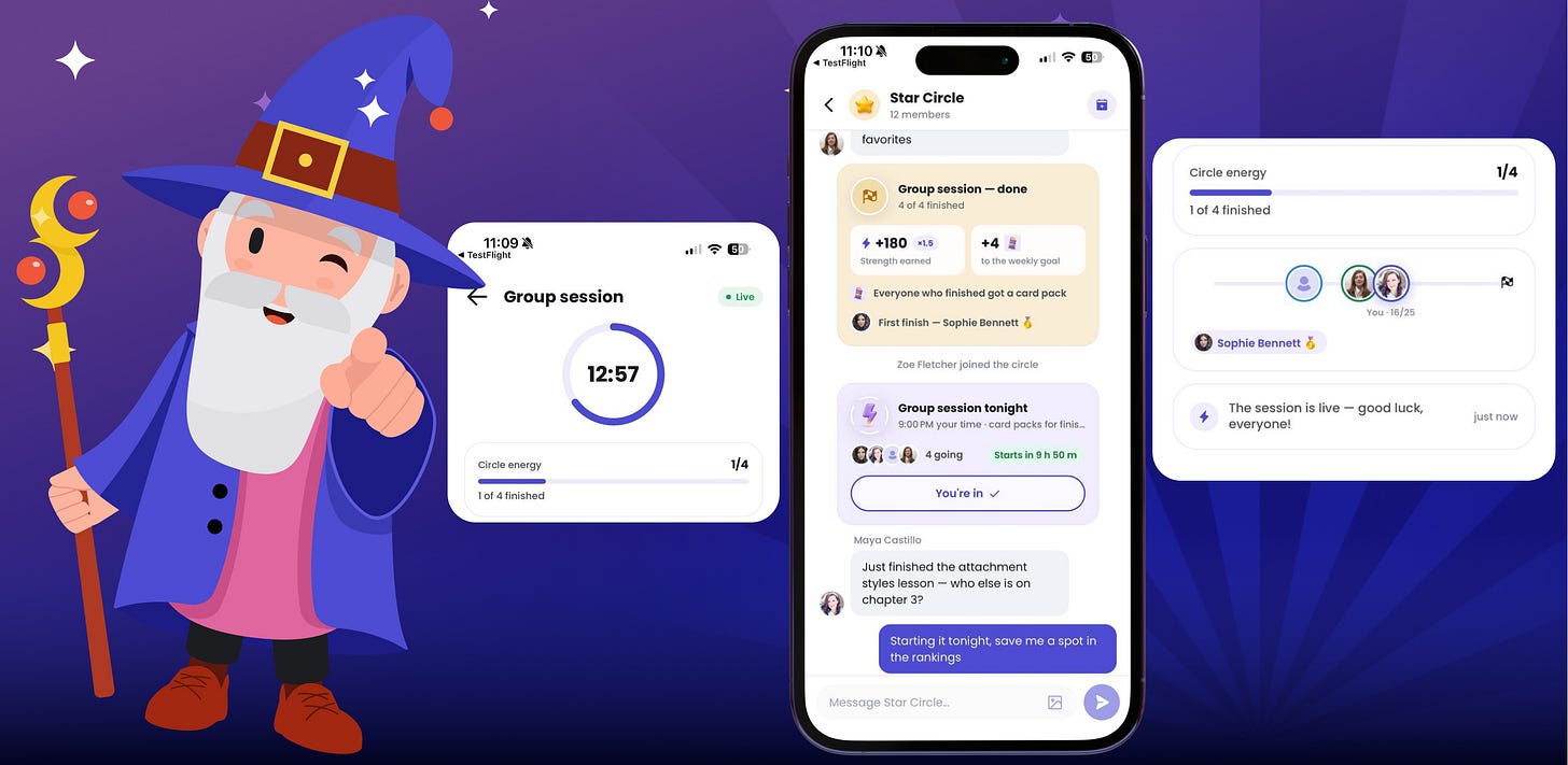 The wizard mascot beside app screens showing a live group session timer and a circle chat.