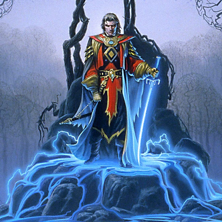 LEFT: Detail from TARRANT'S REALM featuring Gerald Tarrant standing on a rocky dais set in alien woods. His sword glows an blue as he holds it with tip pivoting on the ground. At his feet, rivers of bright energy stream down tiers of rock, at times holding to the contour of the slope, sometimes arching like electricity. Beside and behind him, the thin trunks of the trees meander like veins. The skeletal tops form an outline that suggests the human brain.   RIGHT: Figure detail from TARRANT'S REALM featuring Gerald Tarrant dressed powerfully in a tabard of red and black. He holds a sword tip pointed to the ground as blue energy glows, arching with electricity and flowing down off the stone in rivulets.