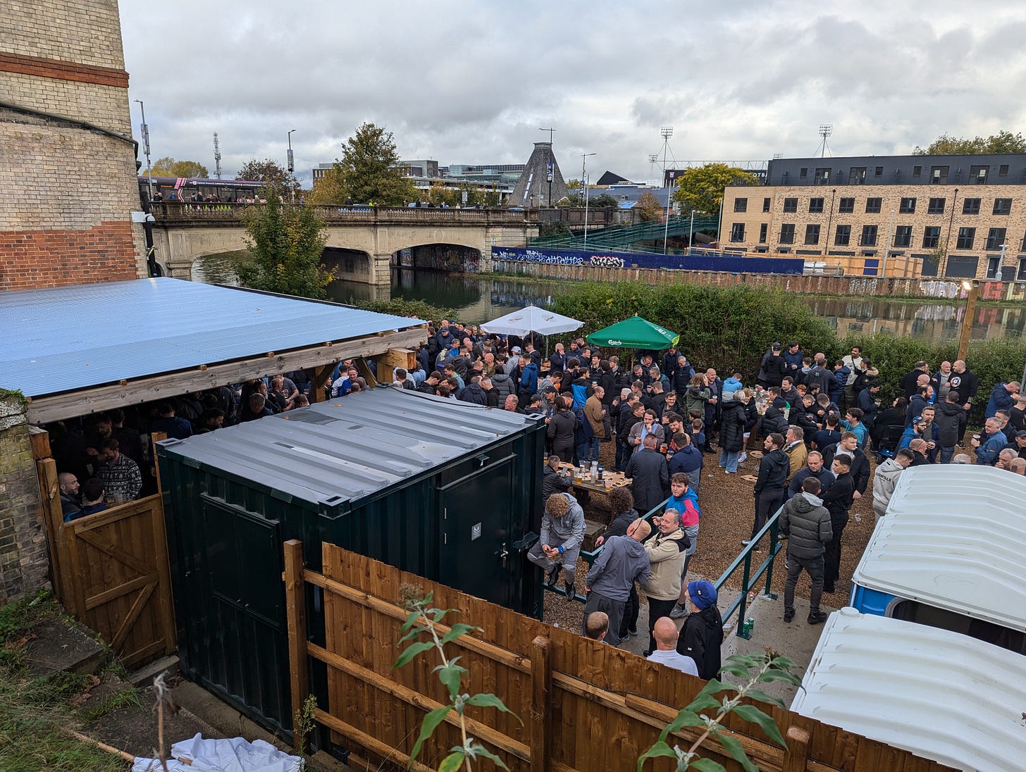 Everton fans drinking in the away pub at Ipswich, next to the River Orwell