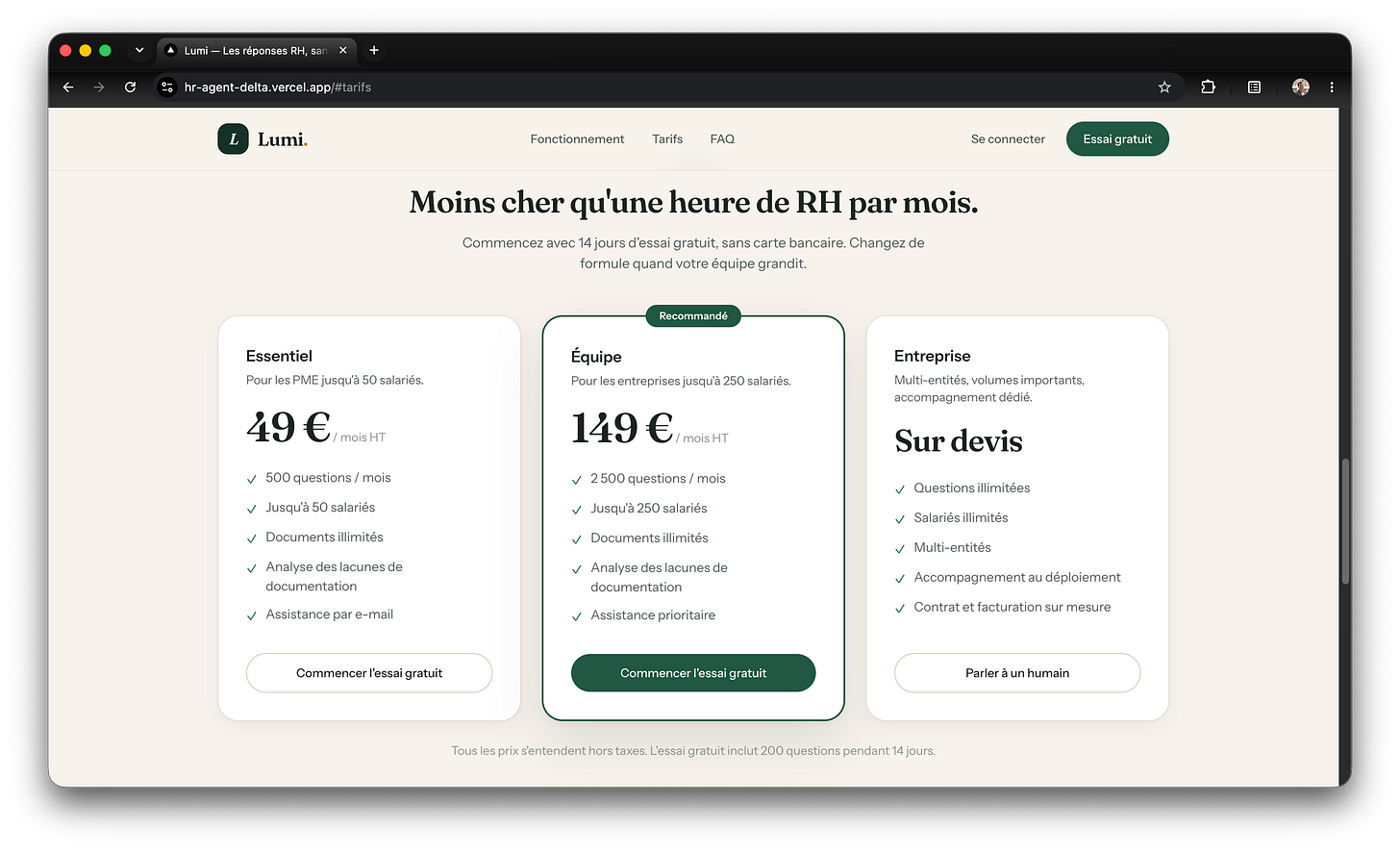 The pricing section of the Lumi landing page, headed "Moins cher qu'une heure de RH par mois.", with three plan cards: Essentiel at 49 euros a month for 500 questions and up to 50 employees, Équipe at 149 euros a month marked Recommandé, and Entreprise on quote, plus a note that the free trial includes 200 questions over 14 days. The pricing section of the Lumi landing page, headed "Moins cher qu'une heure de RH par mois.", with three plan cards: Essentiel at 49 euros a month for 500 questions and up to 50 employees, Équipe at 149 euros a month marked Recommandé, and Entreprise on quote, plus a note that the free trial includes 200 questions over 14 days.