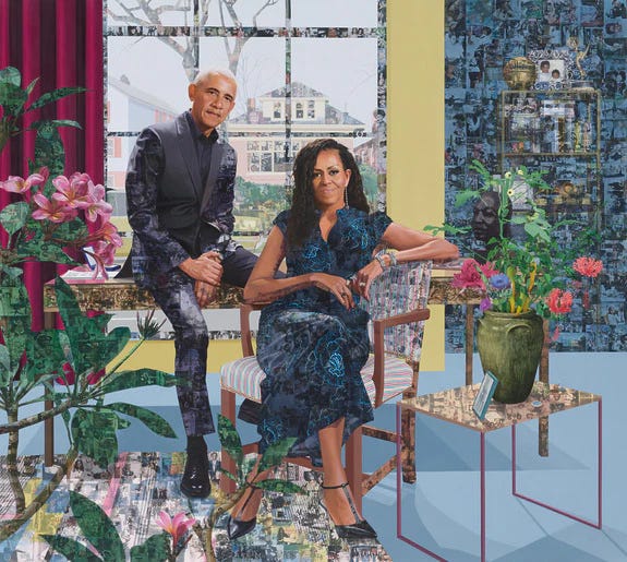 A painted portrait of Barack and Michelle Obama seated together in a bright, layered interior with flowers, plants, patterned surfaces, and a window view that includes a residential street scene. A painted portrait of Barack and Michelle Obama seated together in a bright, layered interior with flowers, plants, patterned surfaces, and a window view that includes a residential street scene.