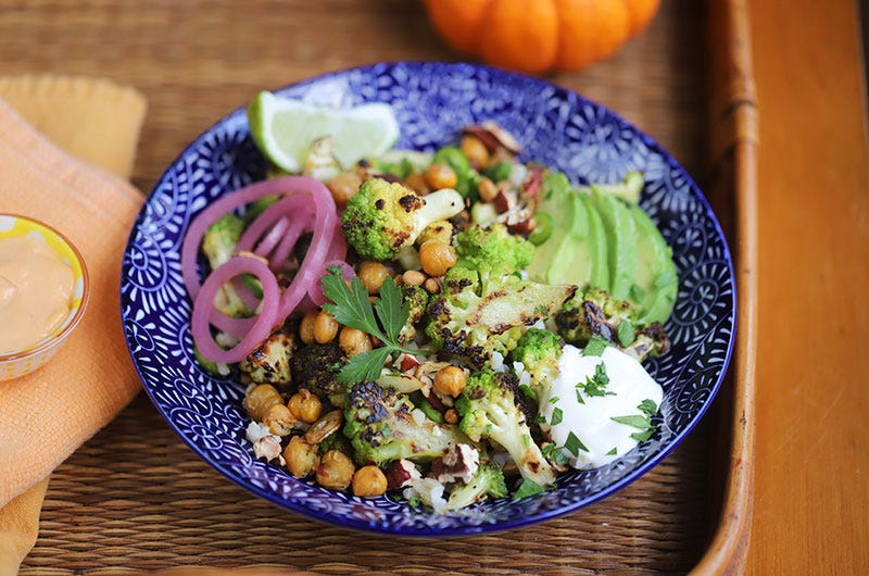 Brown Rice & Cauliflower Bowl with Crispy Chickpeas, Avocado, Pine Nuts, and Limey Sauce, Cook the Vineyard