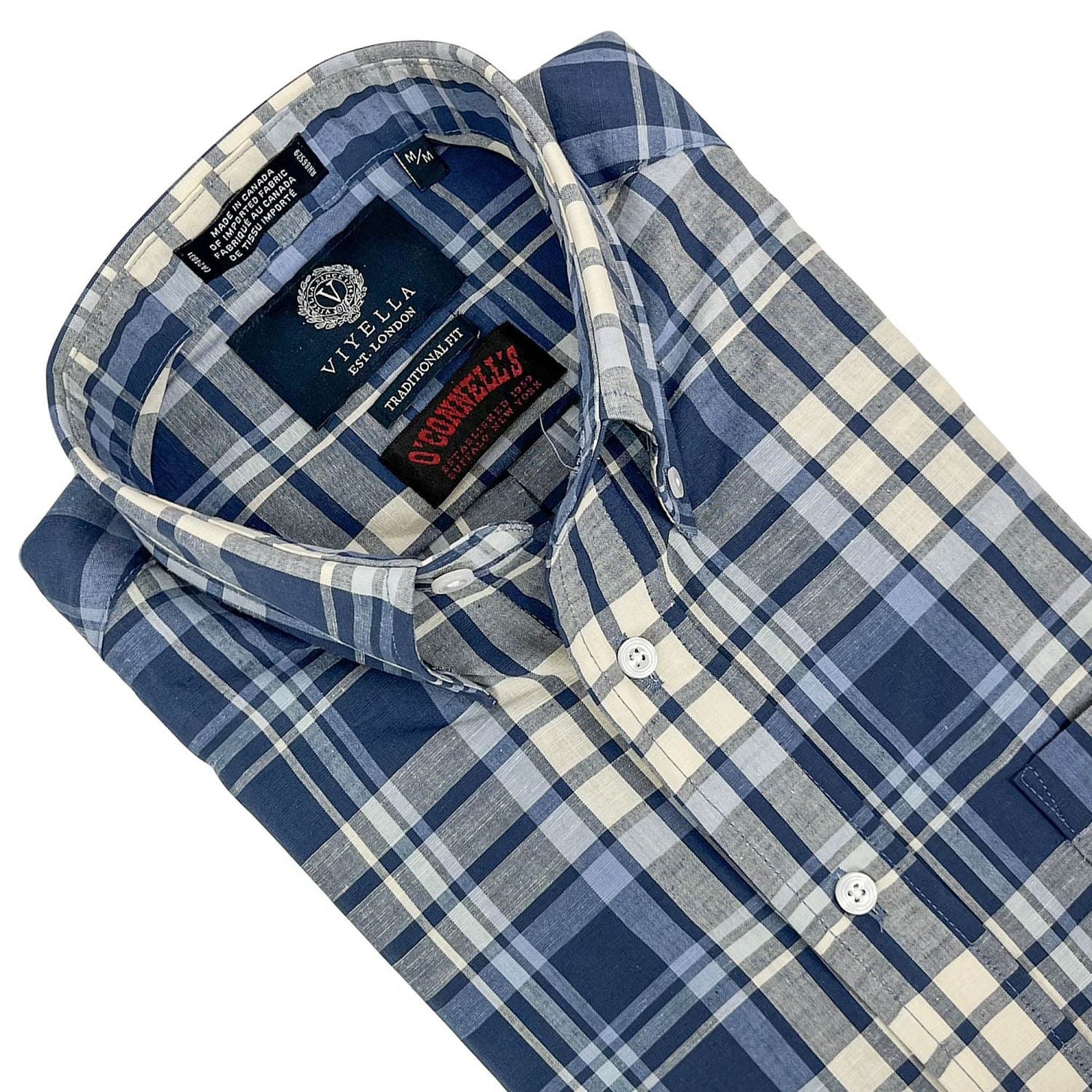 Viyella Long Sleeve Cotton & Linen Sport Shirt - Blue & Buff Plaid