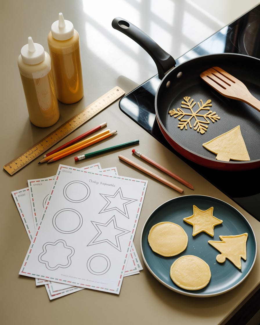 pancake mix, pan, spatula and tools to make holiday shaped pancakes