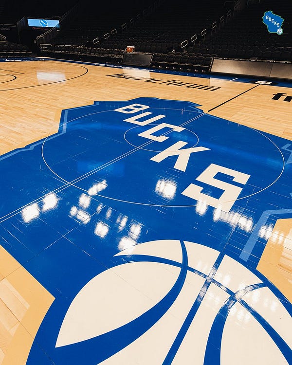 Center of Bucks new court featuring Blue Wisconsin logo.