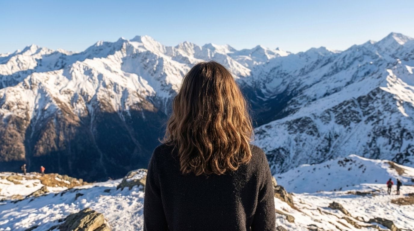 A woman with light brown hair past her shoulders wearing a black sweater looks out at a snowy mountain range