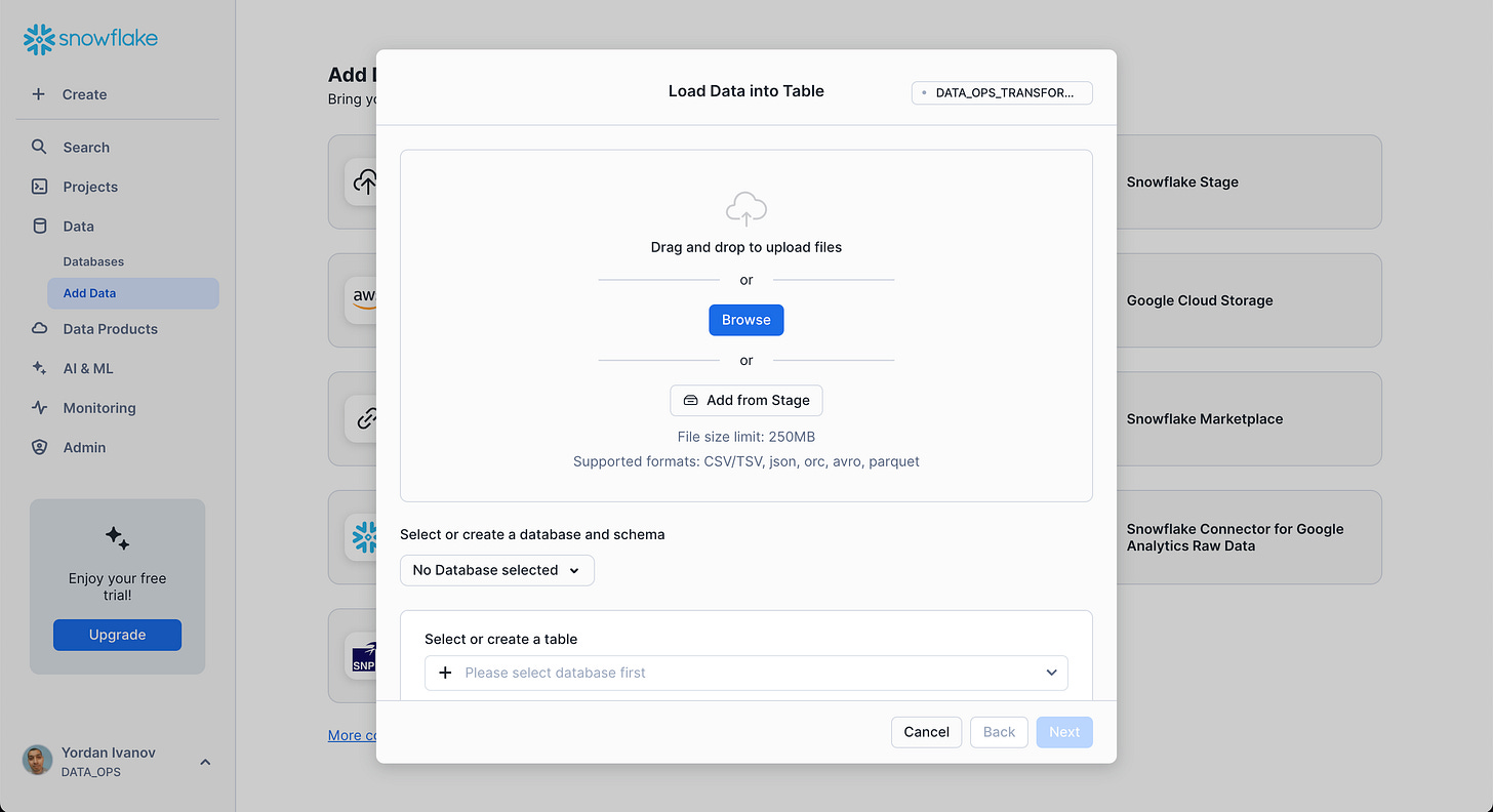 Uploading file to Snowflake using Snowsight