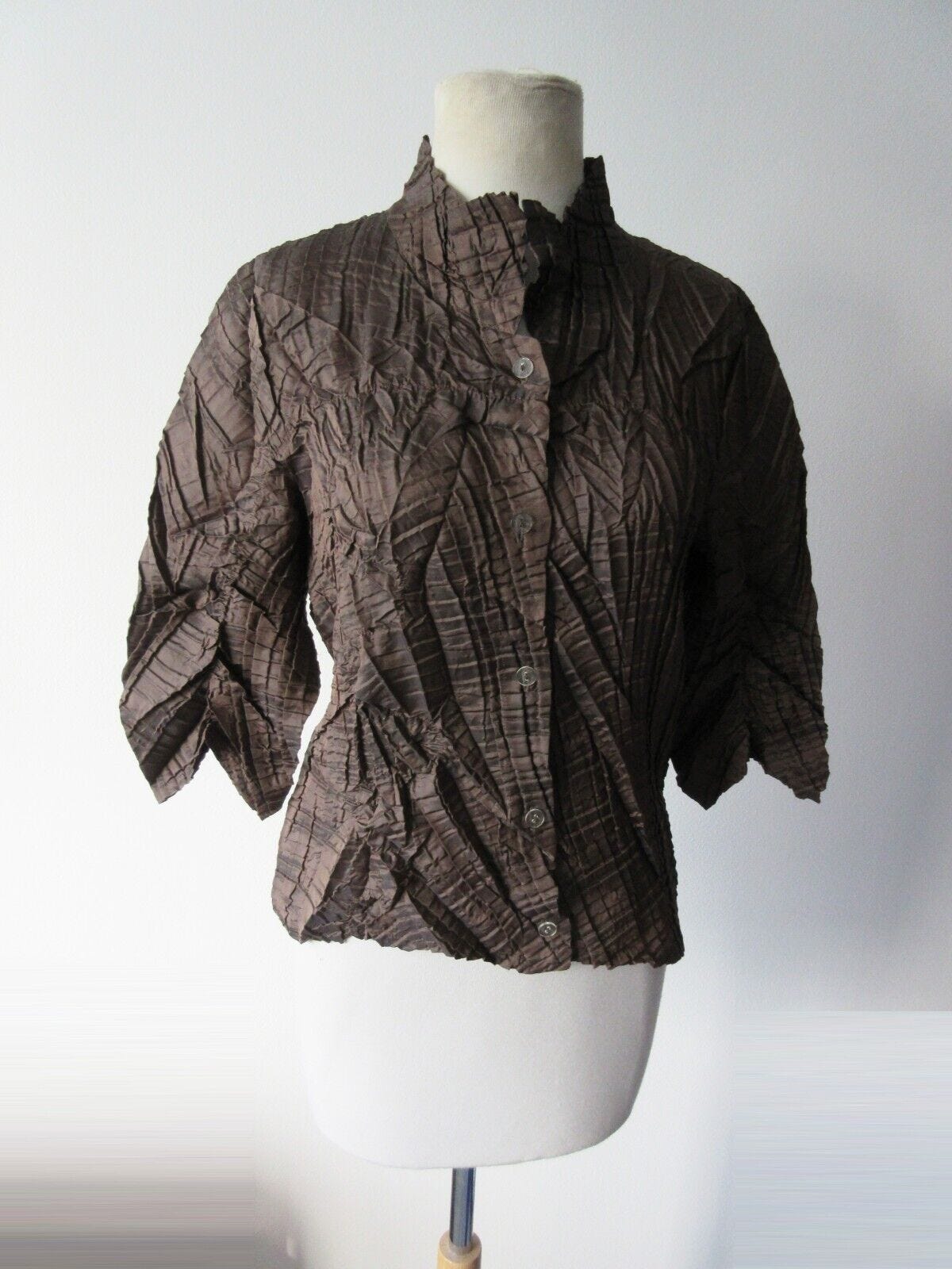 BABETTE SF darker brown polyester pleated asymmetrical hem top S - Picture 1 of 9
