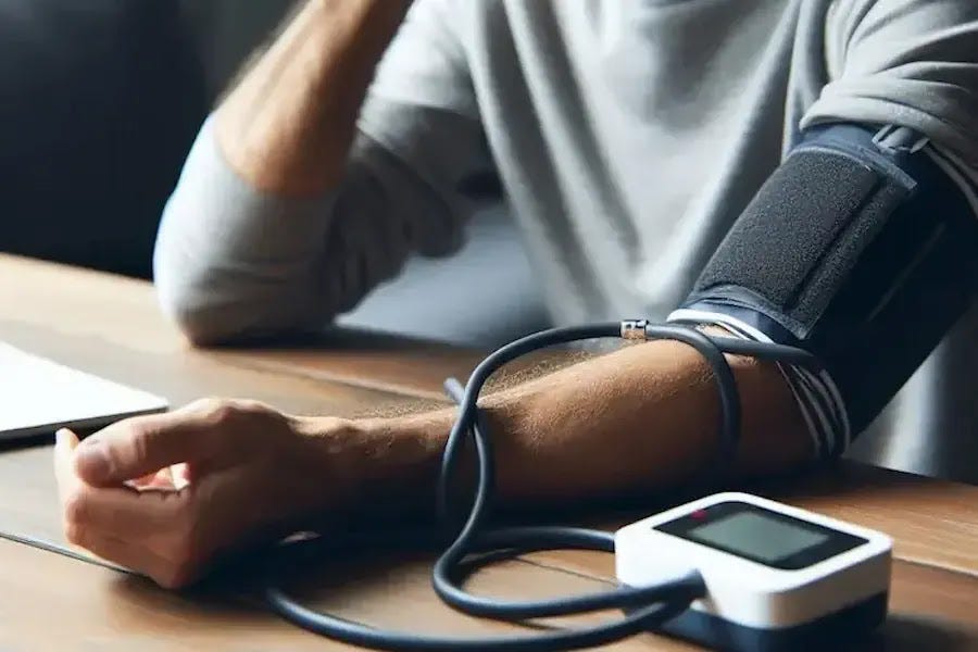 Taking Blood Pressure at Home A person sits comfortably at a table with a blood pressure cuff encircling their upper arm to measure their blood pressure.