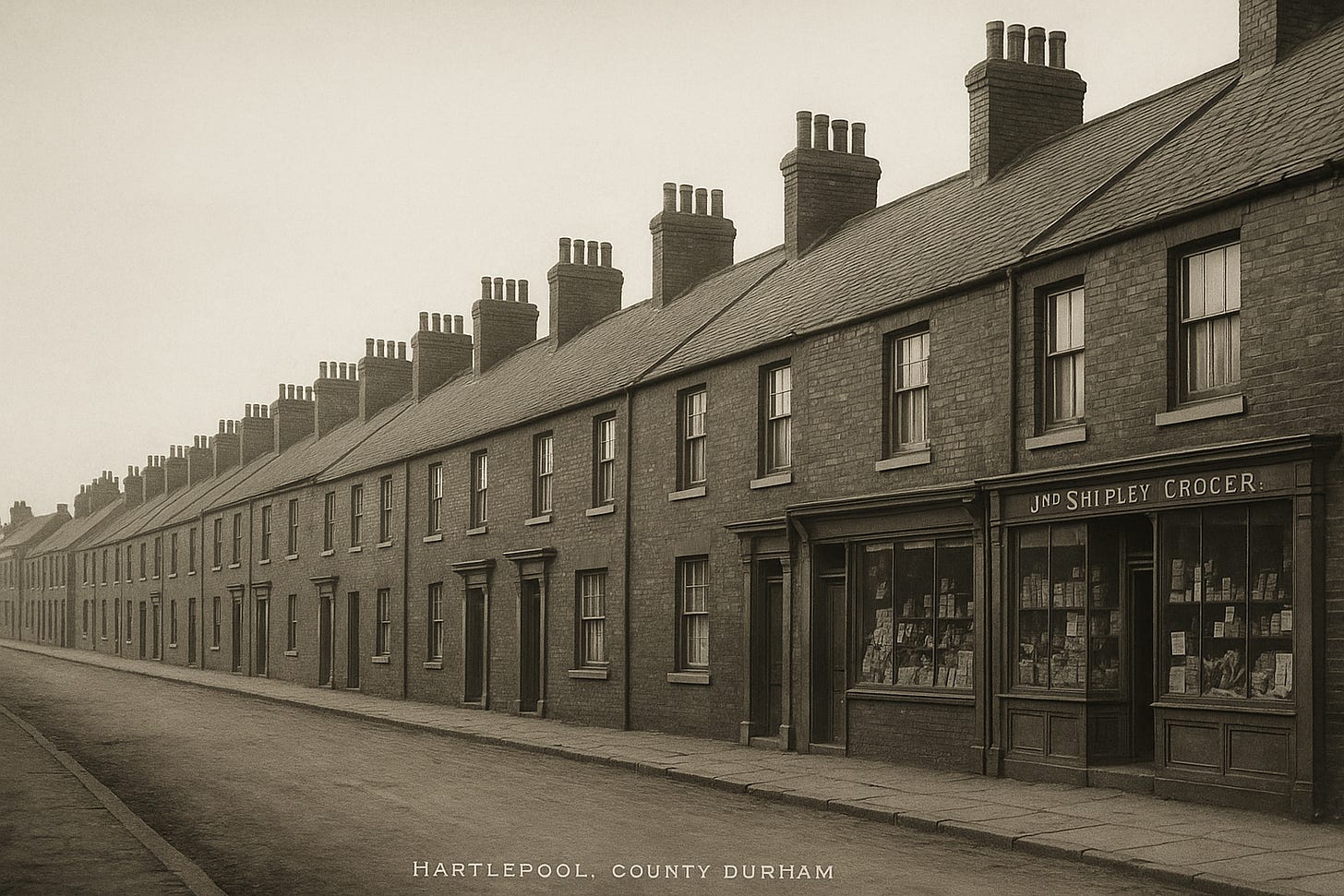 Generated imageA sepia-toned, photo-realistic image of a quiet street in early 1900s Hartlepool, County Durham, showing a long row of red-brick terraced houses with chimneys and uniform slate roofs. On the right, a corner shop labeled “JND Shipley Grocer” features large display windows filled with goods. The empty street and overcast sky evoke the subdued atmosphere of Edwardian-era working-class England.
