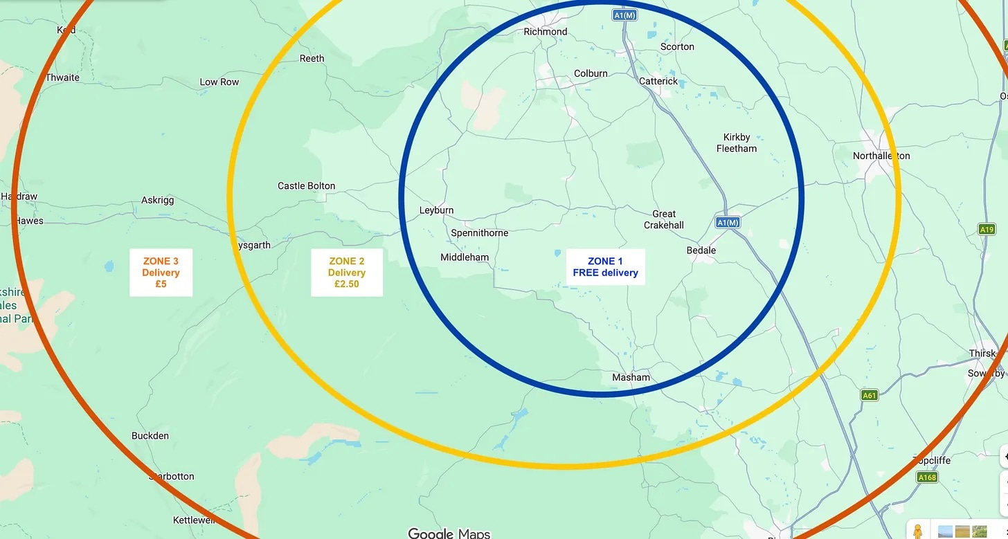 A map of part of north yorkshire with different zones marked for delivery areas