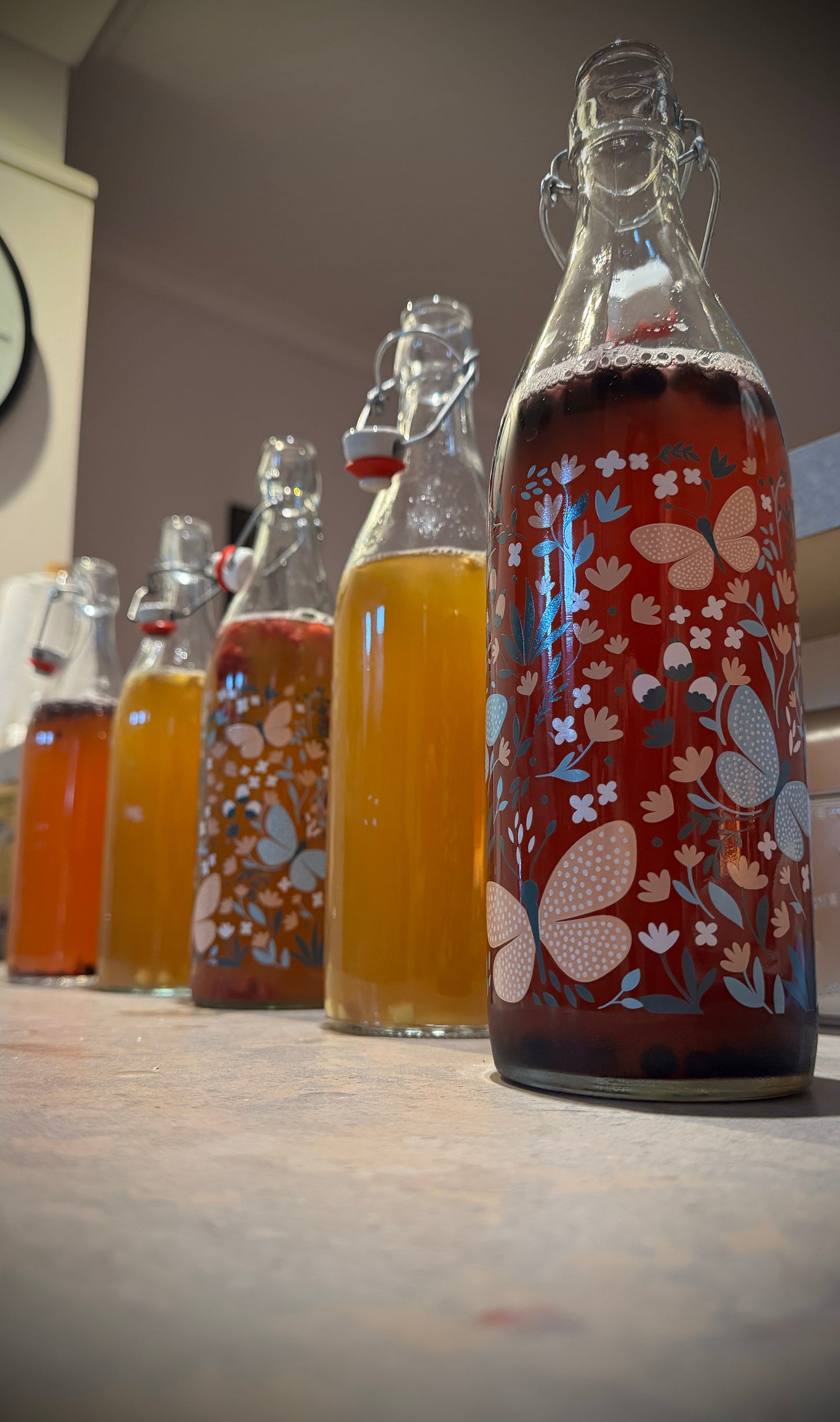 Kombucha bottles with berry second fermentation showing natural probiotics for gut health Kombucha bottles with berry second fermentation showing natural probiotics for gut health