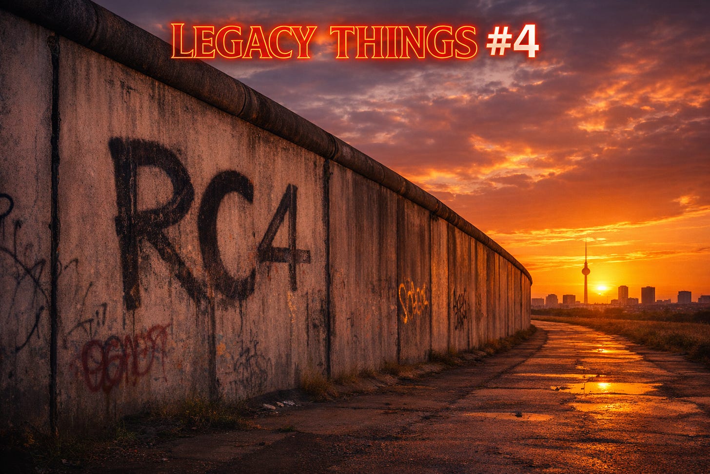 Legacy Things #4 cover image. A long concrete wall covered with graffiti stretches toward the horizon at sunset. The text “RC4” is painted in large letters on the wall. In the background, the Berlin skyline is visible against the setting sun, while a road runs alongside the wall toward the horizon. The title “Legacy Things #4” appears at the top of the image.