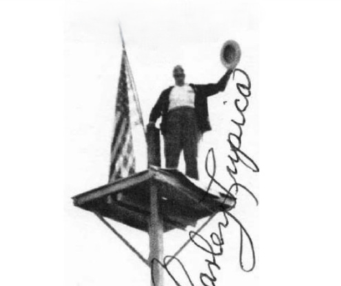 Charley Lupica stands on top of a bare wooden platform in late May 1949. Charley Lupica stands on top of a bare wooden platform in late May 1949.