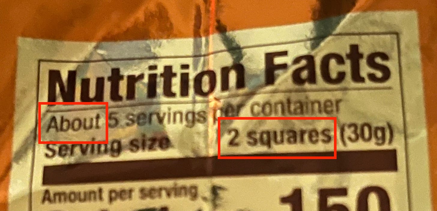 Nutrition label showing about 5 servings